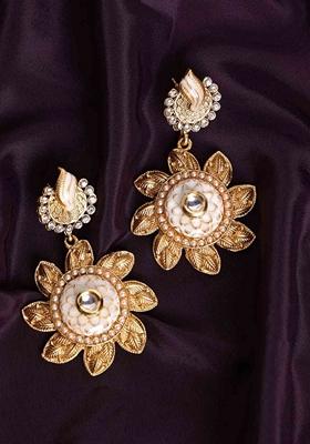 Gold Plated Kundan Contemporary Drop Earrings