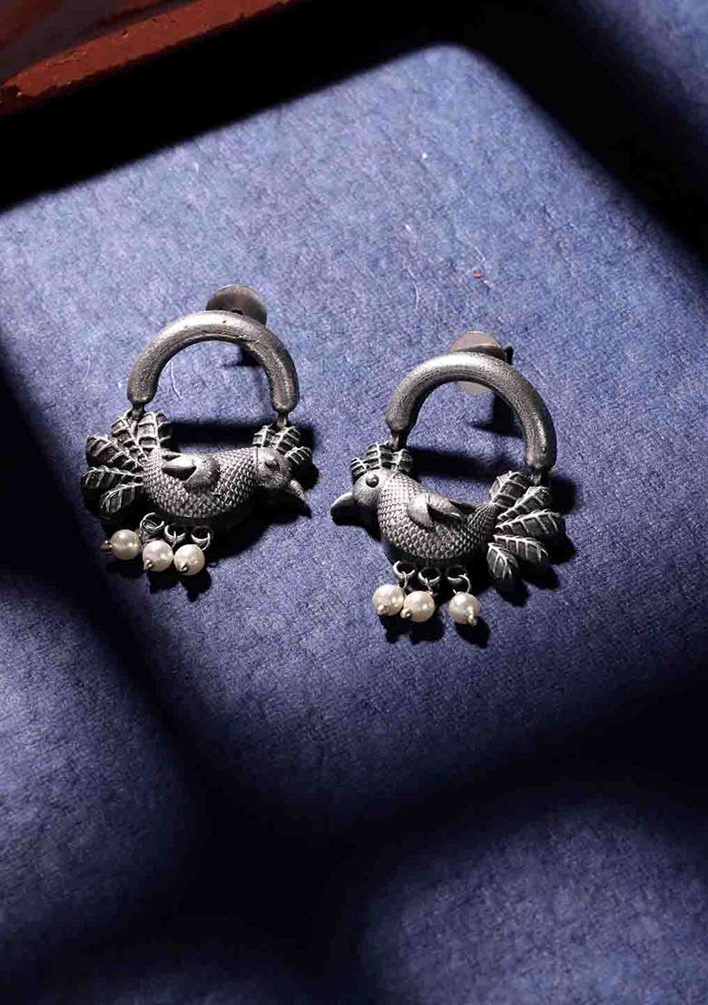 Silver Plated Artificial Beads Oxidized Bird Shaped Drop Earrings - Indya