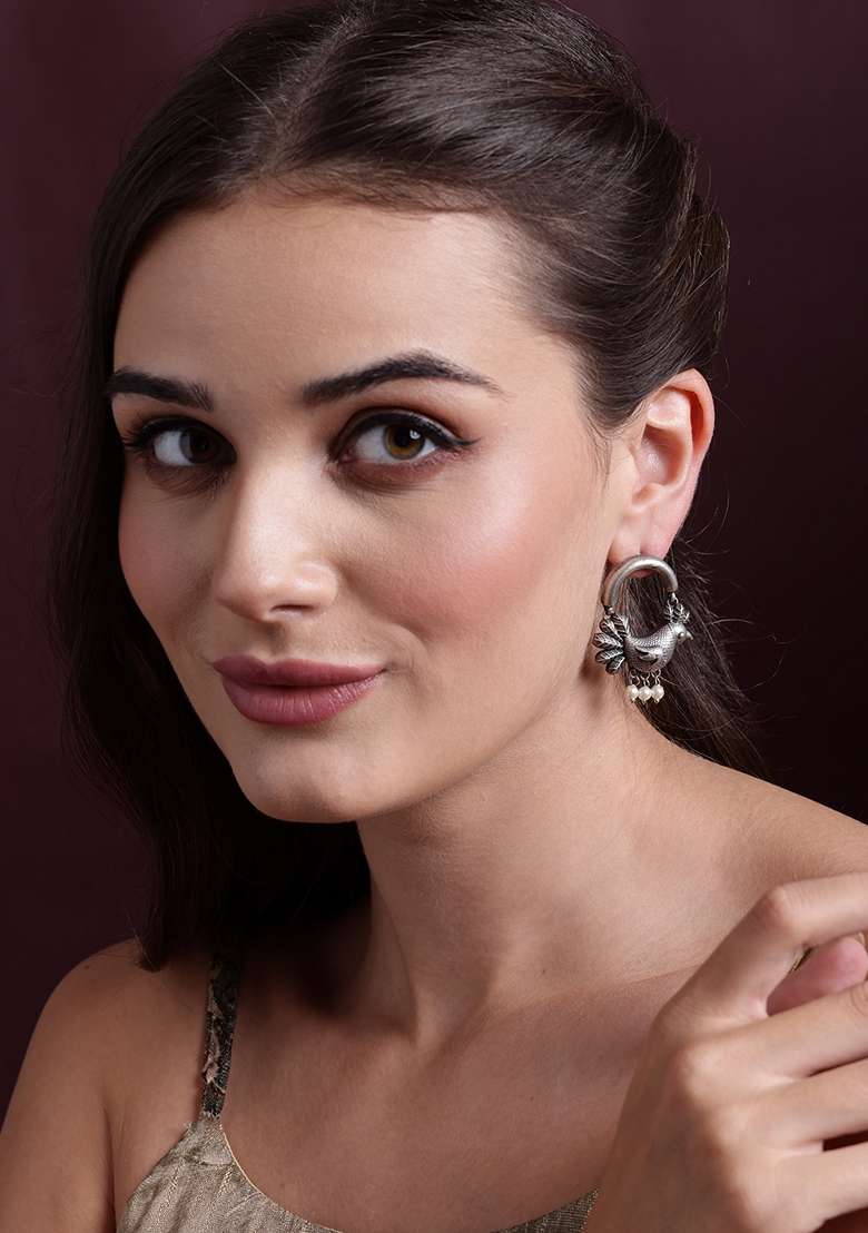Silver Plated Artificial Beads Oxidized Bird Shaped Drop Earrings - Indya