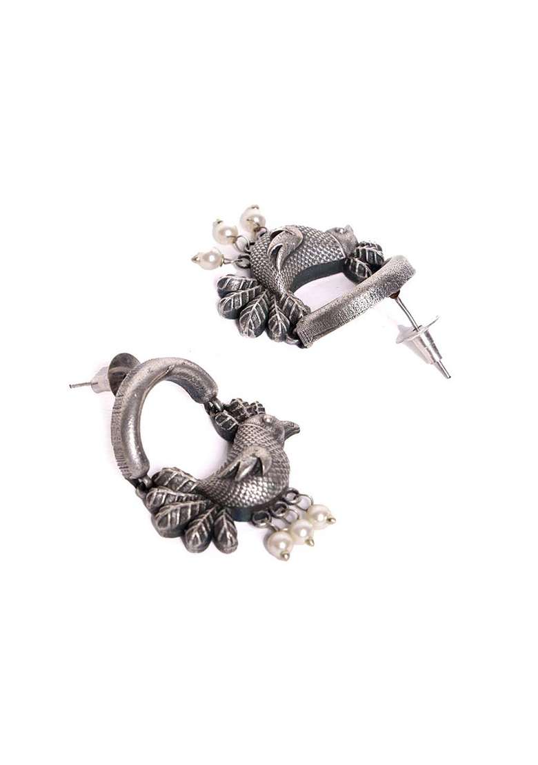 Silver Plated Artificial Beads Oxidized Bird Shaped Drop Earrings - Indya