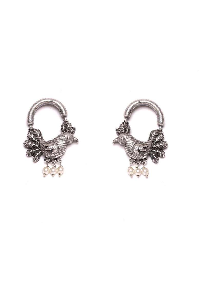 Silver Plated Artificial Beads Oxidized Bird Shaped Drop Earrings - Indya