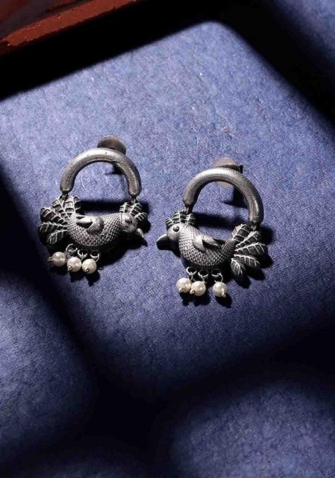 Silver Plated Artificial Beads Oxidized Bird Shaped Drop Earrings