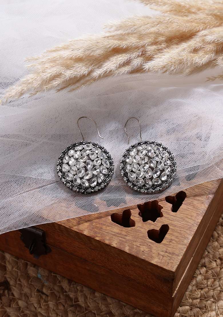 Silver Plated Solitaire Stone Studded Drop Earrings - Indya