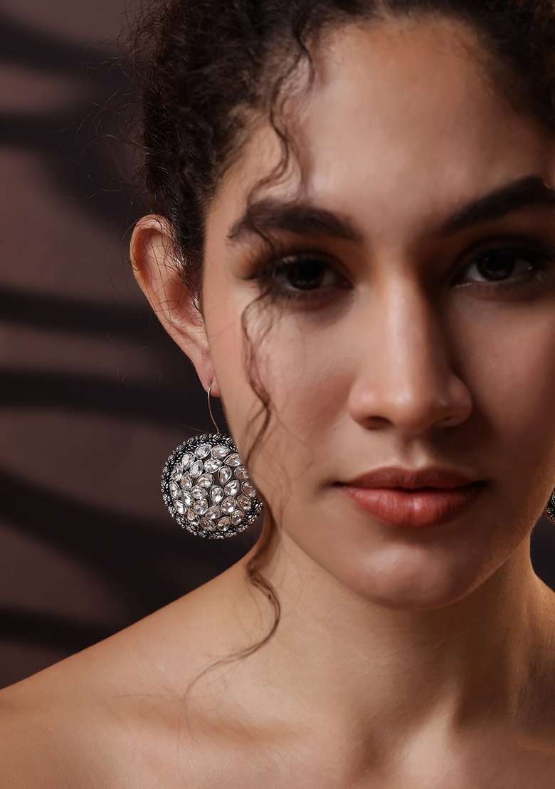 Silver Plated Solitaire Stone Studded Drop Earrings - Indya