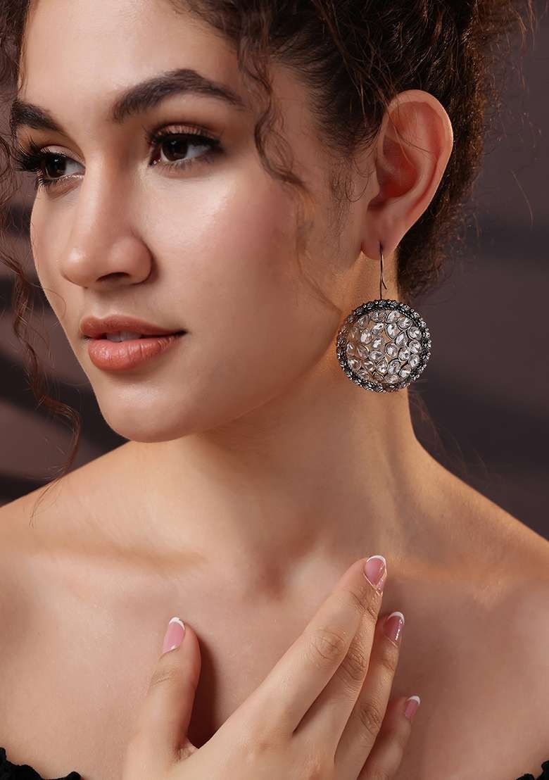 Silver Plated Solitaire Stone Studded Drop Earrings - Indya