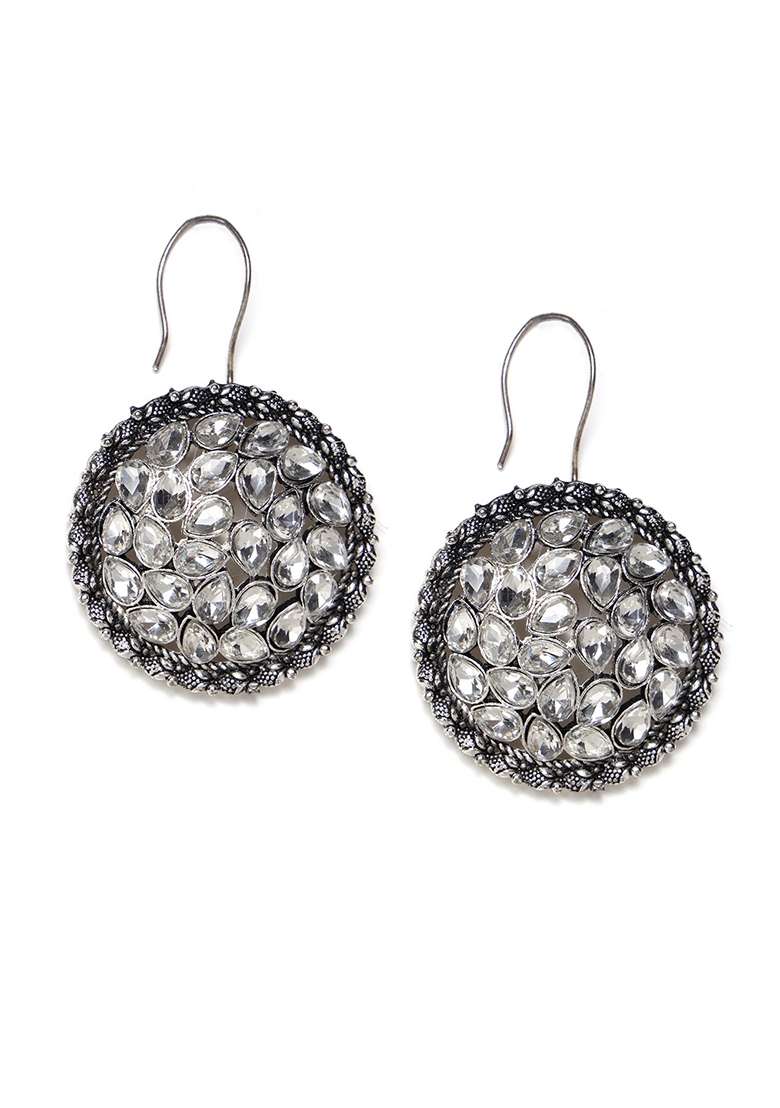 Silver Plated Solitaire Stone Studded Drop Earrings - Indya