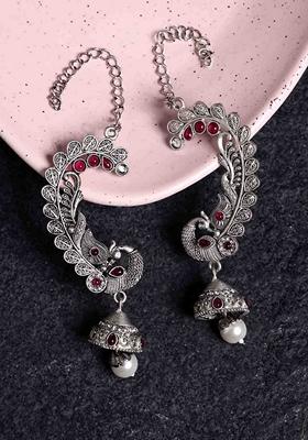 Silver Plated Kundan Studded Peacock Shaped Ear Cuffs Jhumka Earrings