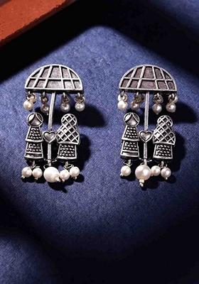 Silver Plated Artificial Beads Oxidized Contemporary Drop Earrings