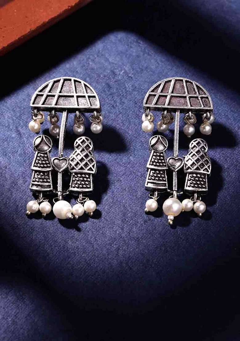 Silver Plated Artificial Beads Oxidized Contemporary Drop Earrings - Indya