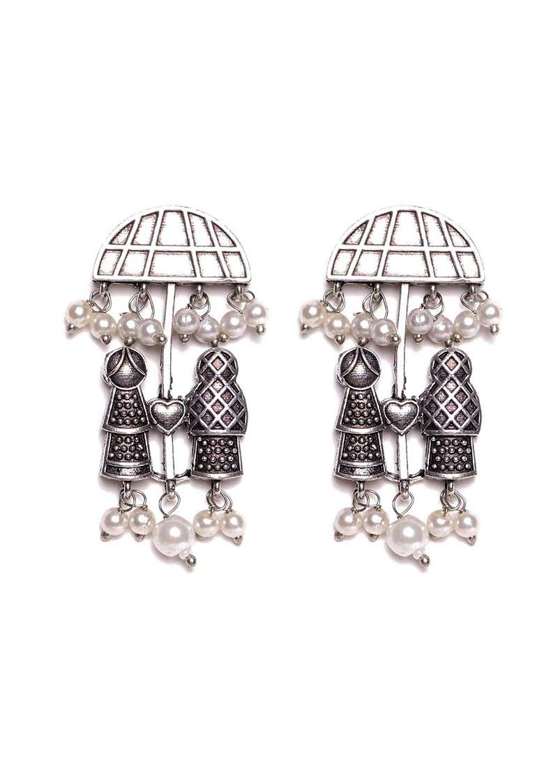 Silver Plated Artificial Beads Oxidized Contemporary Drop Earrings - Indya