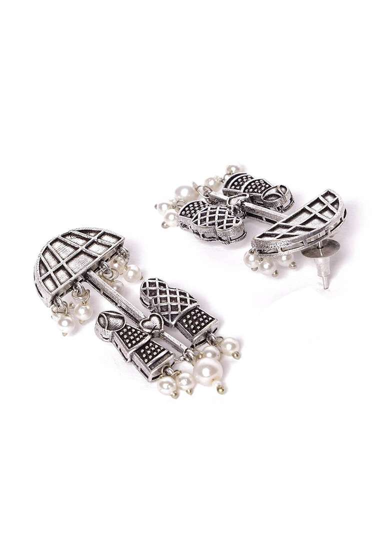 Silver Plated Artificial Beads Oxidized Contemporary Drop Earrings - Indya