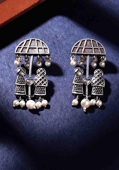 Silver Plated Artificial Beads Oxidized Contemporary Drop Earrings