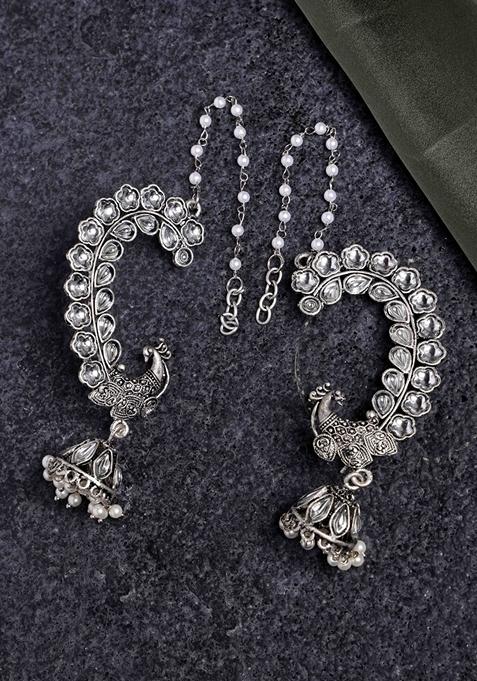 Silver Plated Kundan Studded Peacock Shaped Jhumkas Earrings