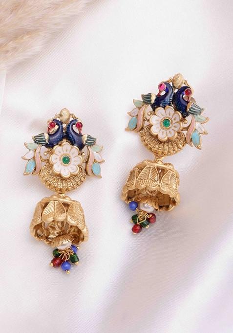 Gold Plated Cubic Zirconia Studded Peacock Shaped Jhumkas Earrings