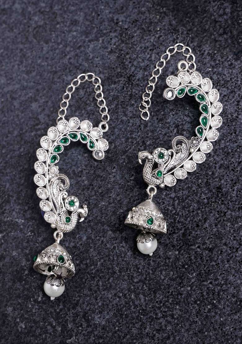 Silver Plated Peacock Shaped Oxidized Ear Cuffs Jhumka Earrings - Indya
