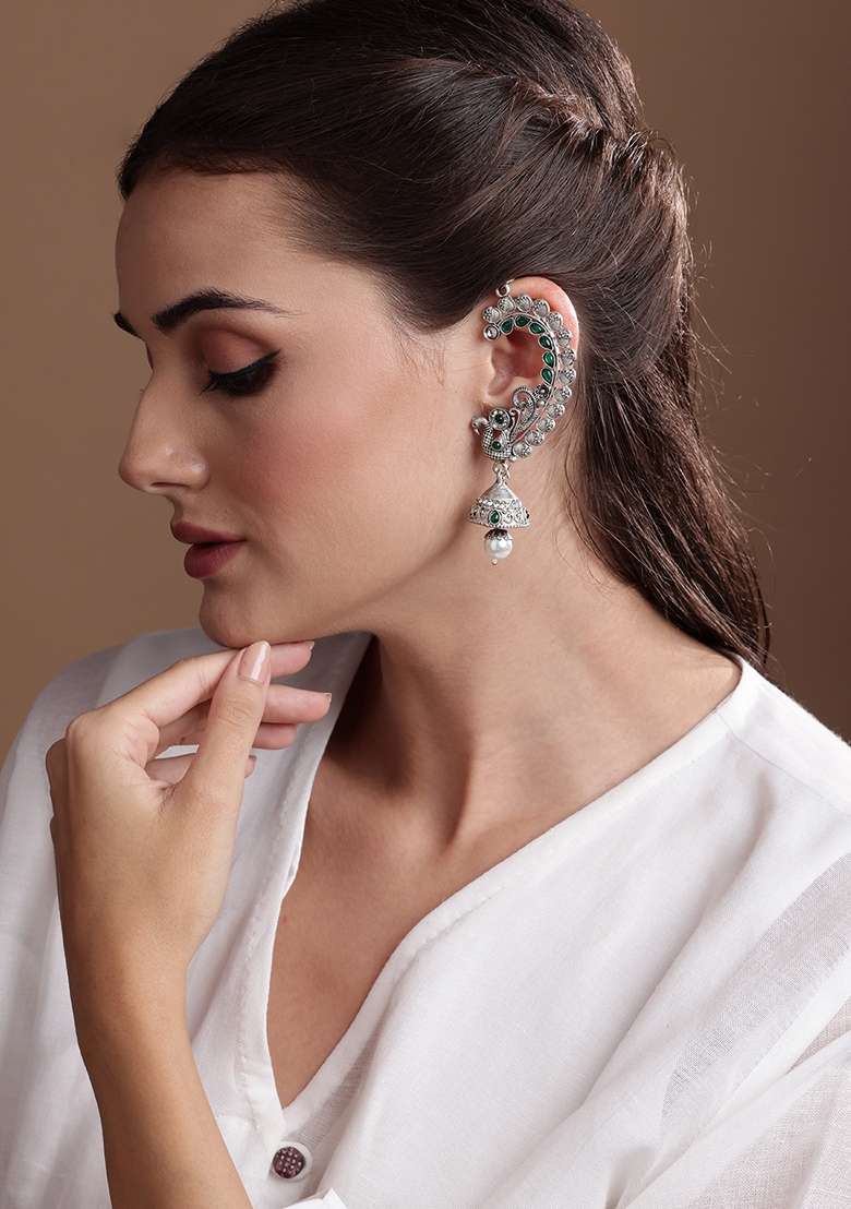 Silver Plated Peacock Shaped Oxidized Ear Cuffs Jhumka Earrings - Indya