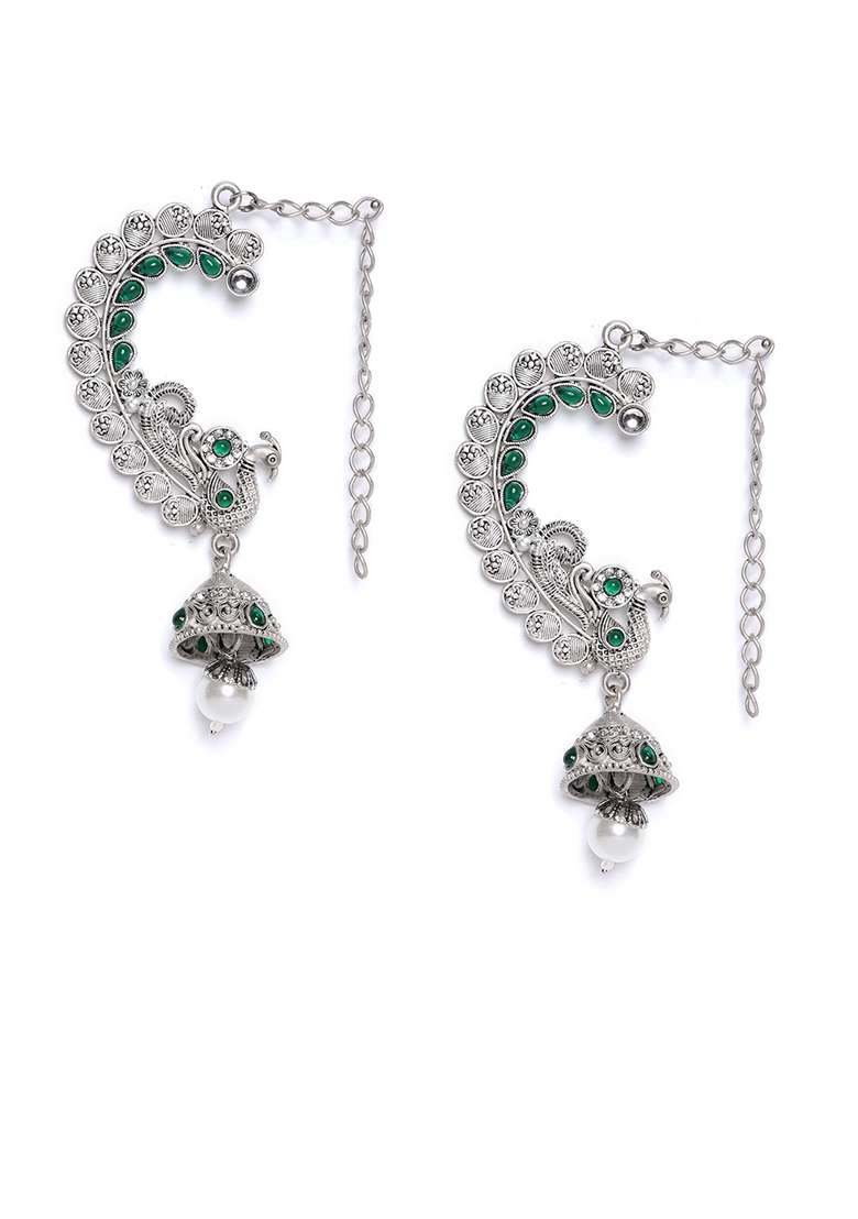 Silver Plated Peacock Shaped Oxidized Ear Cuffs Jhumka Earrings - Indya
