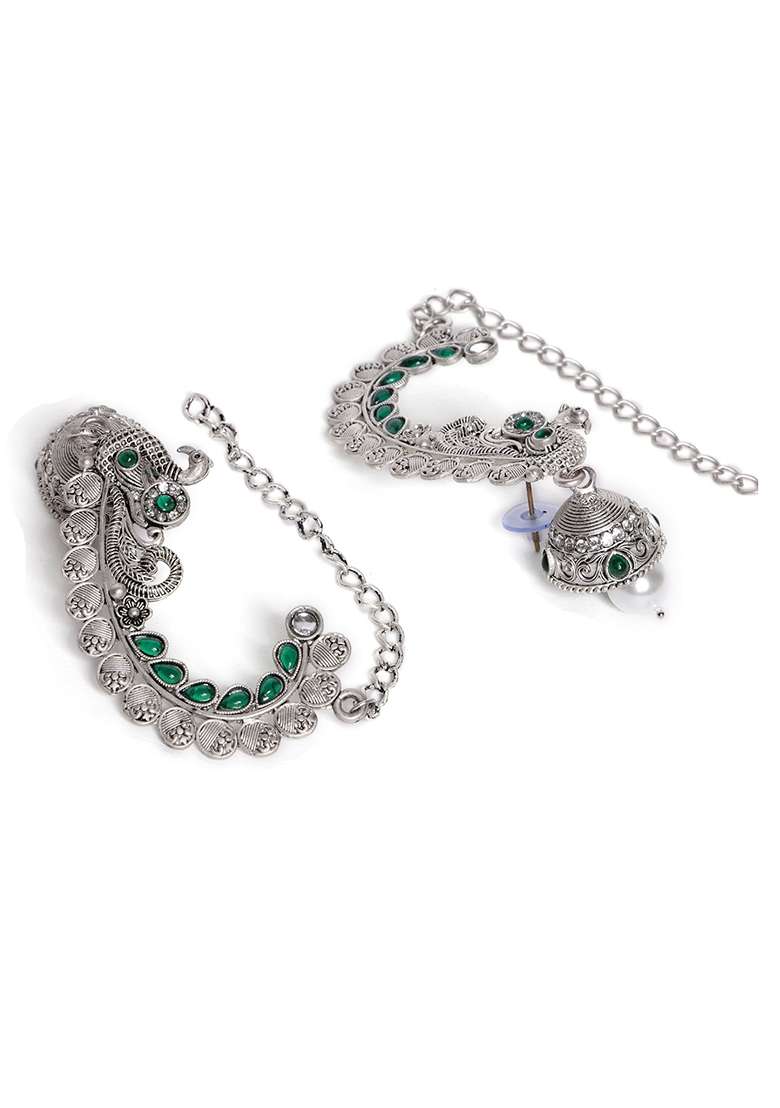 Silver Plated Peacock Shaped Oxidized Ear Cuffs Jhumka Earrings - Indya