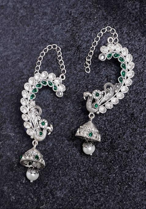 Silver Plated Peacock Shaped Oxidized Ear Cuffs Jhumka Earrings