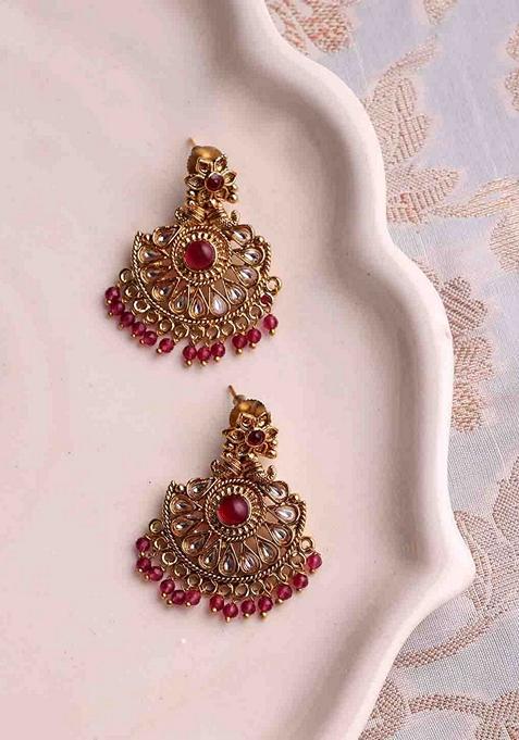 Gold Plated Contemporary Stone Studded and Beaded Drop Earrings