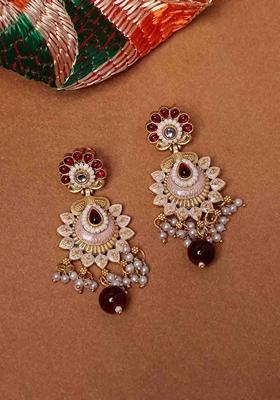 Gold Plated Contemporary Stone Studded and Beaded Drop Earrings