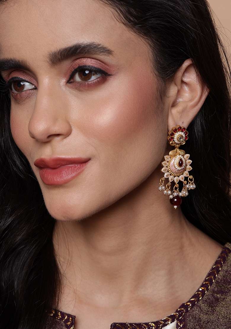 Gold Plated Contemporary Stone Studded and Beaded Drop Earrings - Indya