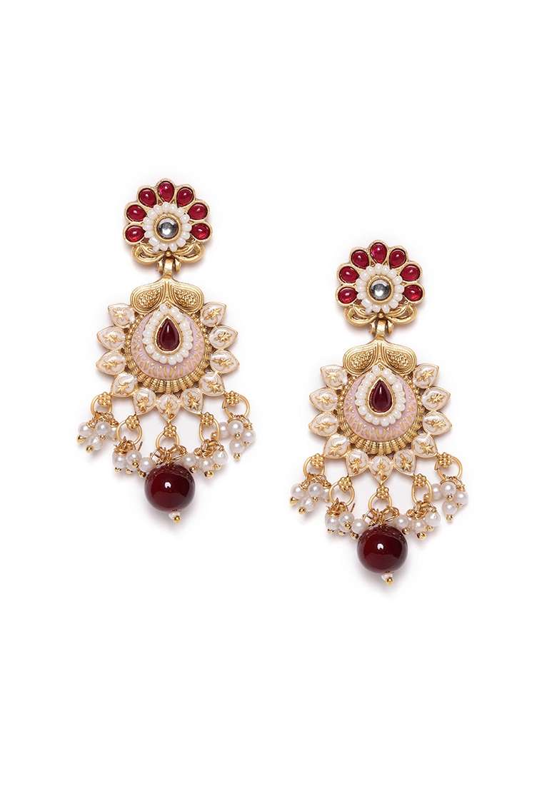 Gold Plated Contemporary Stone Studded and Beaded Drop Earrings - Indya