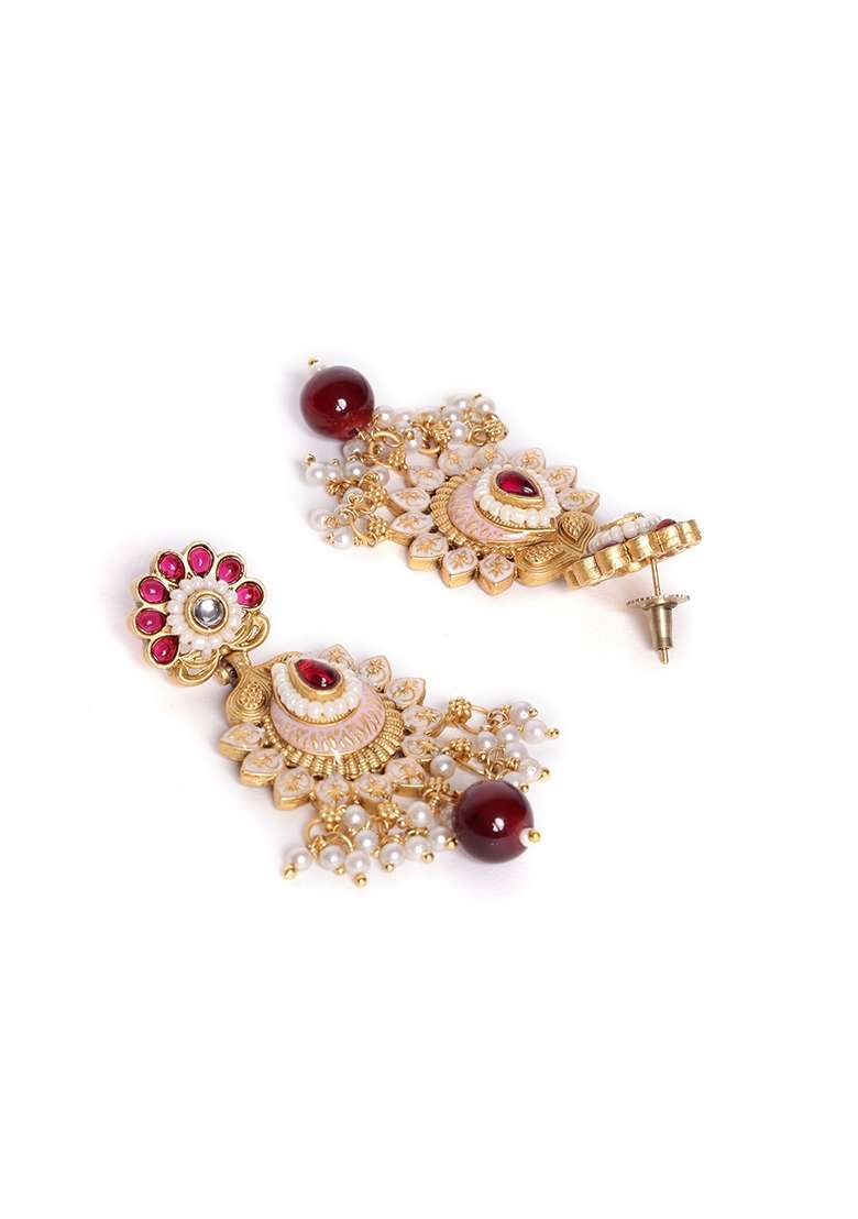 Gold Plated Contemporary Stone Studded and Beaded Drop Earrings - Indya