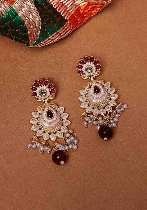 Gold Plated Contemporary Stone Studded and Beaded Drop Earrings