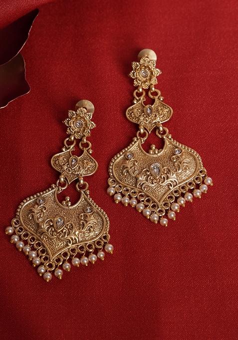 Gold Plated Kundan Contemporary Drop Earrings