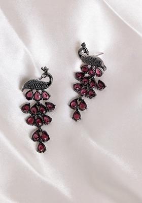 Silver Plated Cubic Zirconia Studded Peacock Shaped Drop Earrings