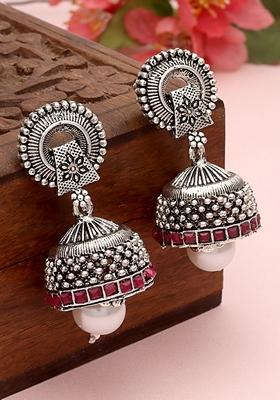Silver Plated Dome Shaped Pearls and Stone Studded Oxidised Jhumkas