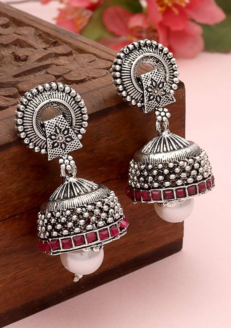 Silver Plated Dome Shaped Pearls and Stone Studded Oxidised Jhumkas - Indya