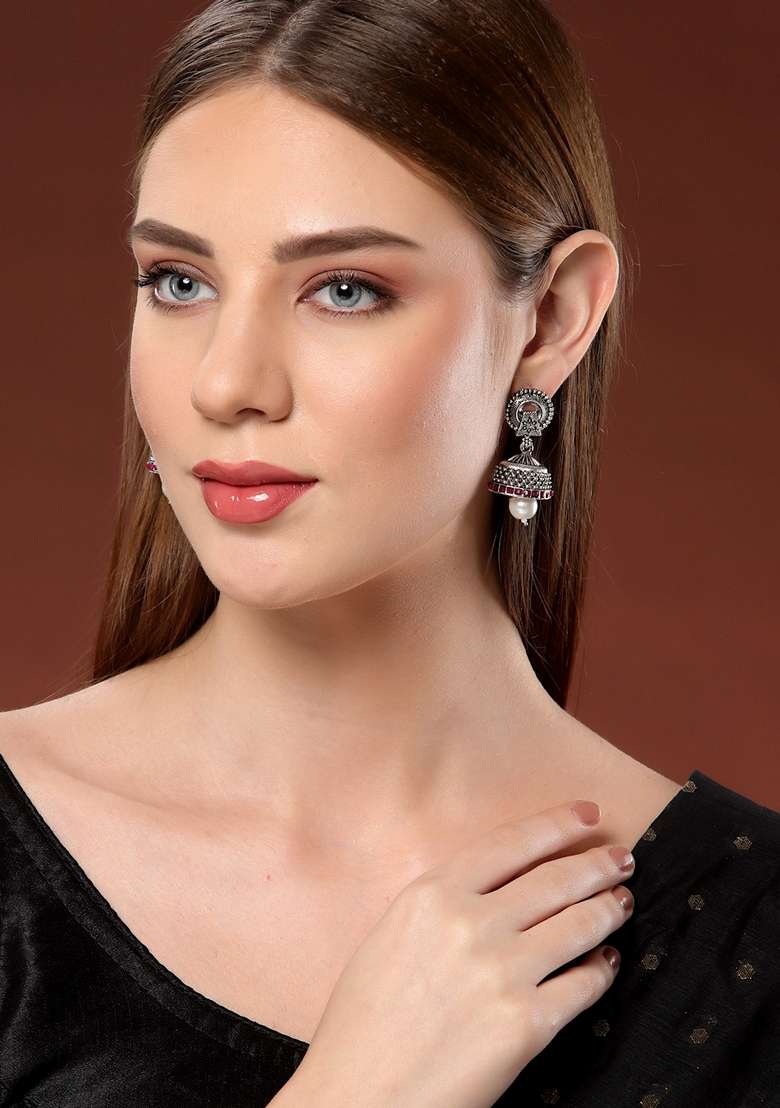 Silver Plated Dome Shaped Pearls and Stone Studded Oxidised Jhumkas - Indya