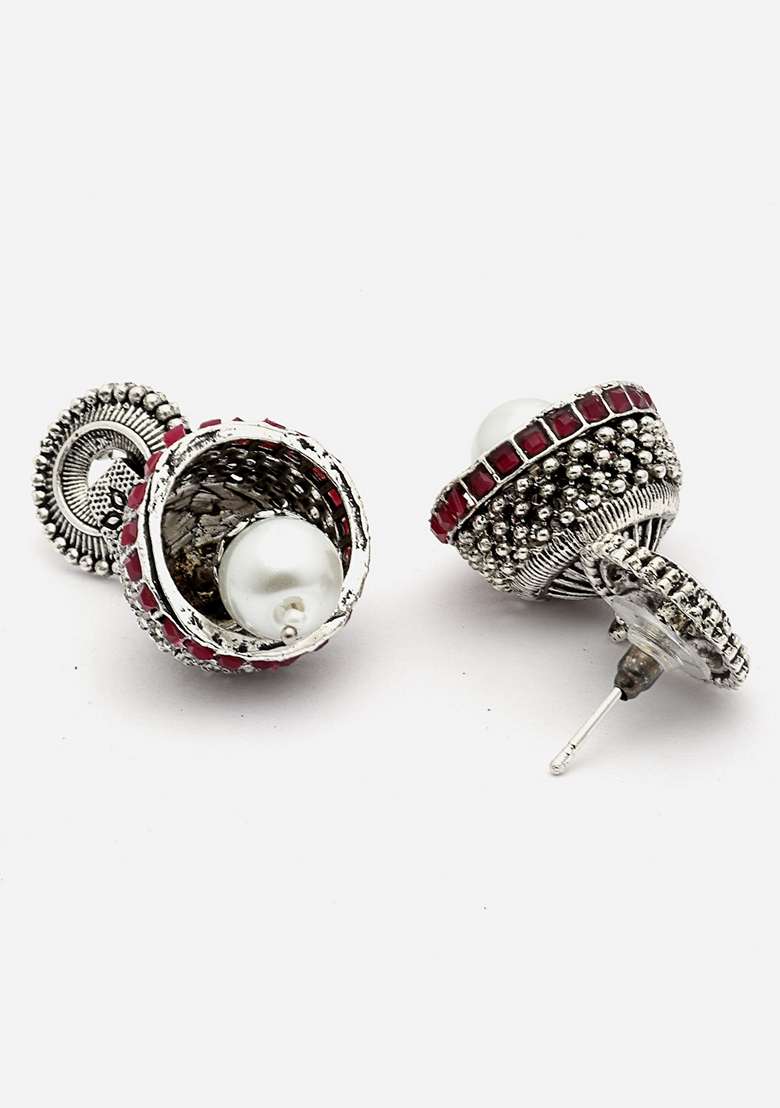 Silver Plated Dome Shaped Pearls and Stone Studded Oxidised Jhumkas - Indya