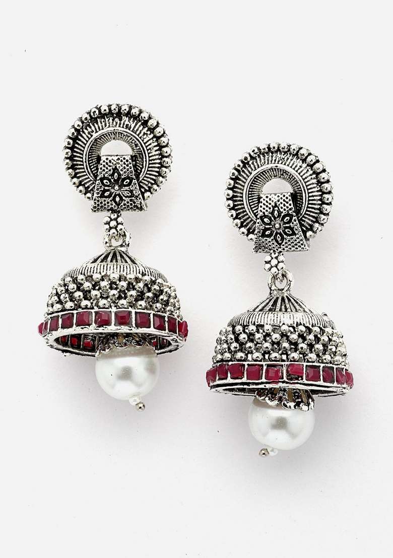 Silver Plated Dome Shaped Pearls and Stone Studded Oxidised Jhumkas - Indya
