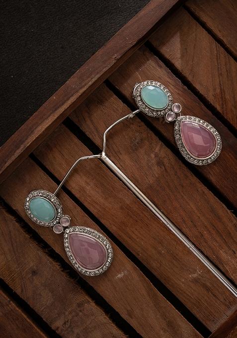 Silver Plated Artificial Stones Studded Teardrop Shaped Oxidized Drop Earrings