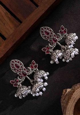 Silver Plated Stones Studded And Beaded Contemporary Oxidized Drop Earrings