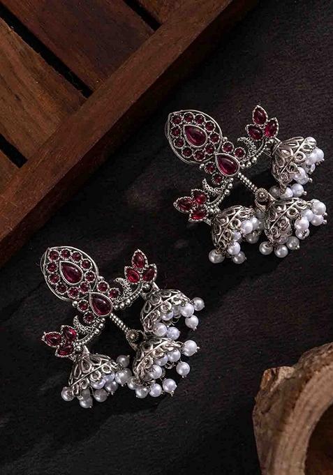 Silver Plated Stones Studded And Beaded Contemporary Oxidized Drop Earrings