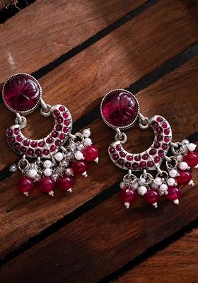 Silver Plated Stones Studded And Beaded Contemporary Shaped Oxidized Drop Earrings