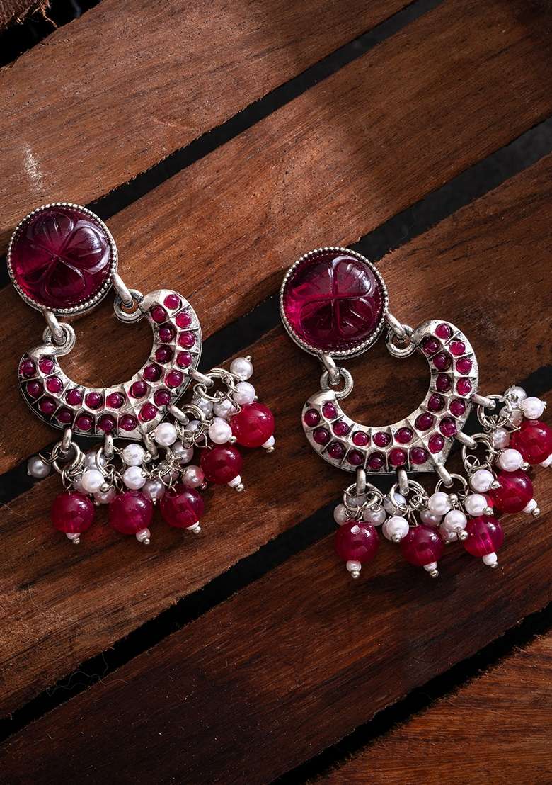 Silver Plated Stones Studded And Beaded Contemporary Shaped Oxidized Drop Earrings - Indya