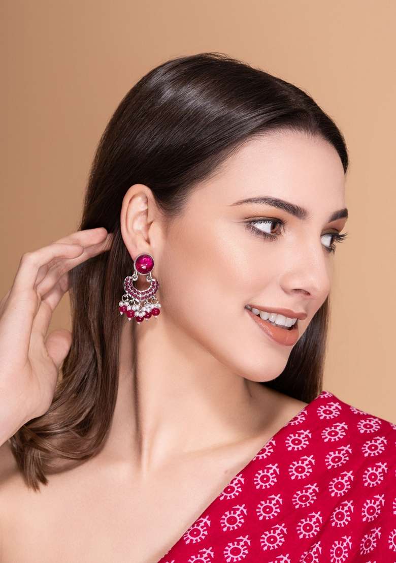 Silver Plated Stones Studded And Beaded Contemporary Shaped Oxidized Drop Earrings - Indya