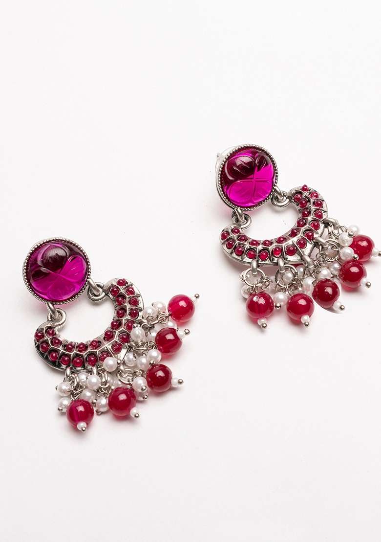 Silver Plated Stones Studded And Beaded Contemporary Shaped Oxidized Drop Earrings - Indya