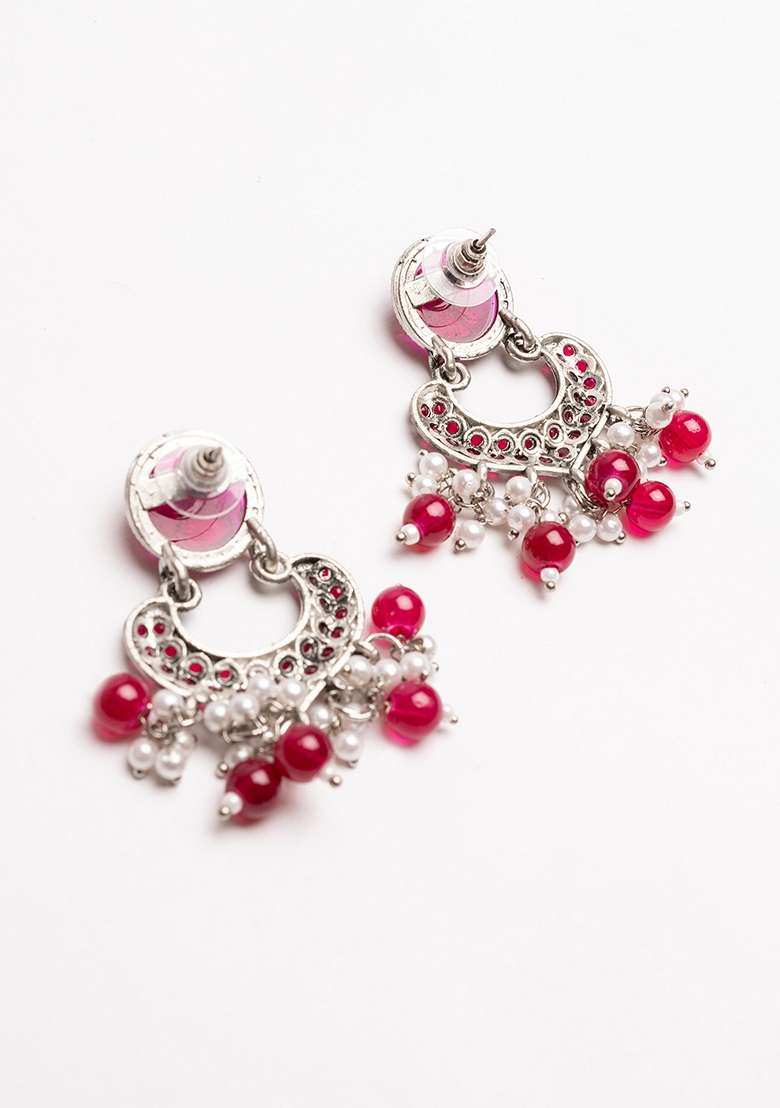 Silver Plated Stones Studded And Beaded Contemporary Shaped Oxidized Drop Earrings - Indya