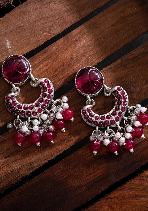 Silver Plated Stones Studded And Beaded Contemporary Shaped Oxidized Drop Earrings