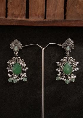Silver Plated Stones Studded And Beaded Contemporary Shaped Oxidized Drop Earrings