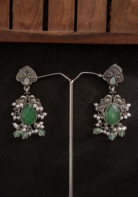 Silver Plated Stones Studded And Beaded Contemporary Shaped Oxidized Drop Earrings