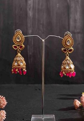 Gold Plated Artificial Stones Studded And Beaded Contemporary Shaped Jhumkas
