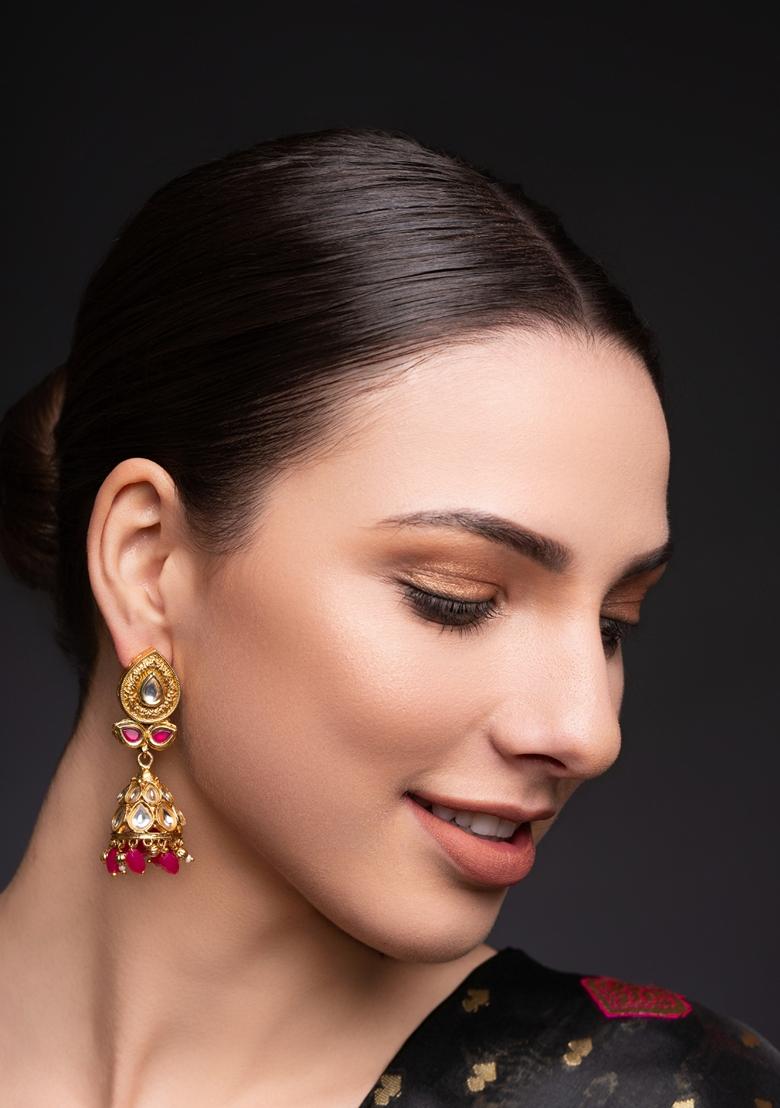 Gold Plated Artificial Stones Studded And Beaded Contemporary Shaped Jhumkas
