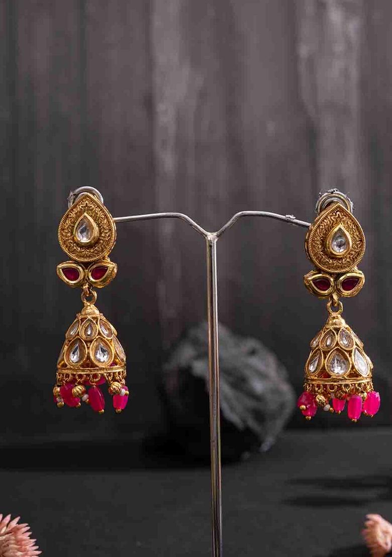 Gold Plated Artificial Stones Studded And Beaded Contemporary Shaped Jhumkas